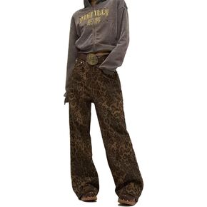 OATSBAS Leopard Print Jeans for Women Men Leopard Print Cargo Pants Y2k Aesthetic Pants Baggy Jeans Wide Leg Jeans