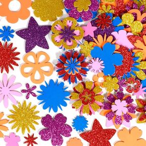 READY 2 LEARN Glitter and Foam Stickers - Stacking Flowers - Pack of 144-6 Colors - 24 Shapes - Kids Self-Adhesive Stickers - Cards, Laptops, Crafts