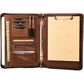 Personalized Leather Portfolio Binder, Vintage Leather 3 Ring Binder Padfolio Folder with Clipboard, 13" Laptop and Letter Size/A4 Paper Holder, Name/Logo Engraving Premium Gift for Men and Women