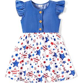PATPAT Girls Denim Dresses Flutter Sleeve Jean Summer Dress Casual Floral Print Sundress