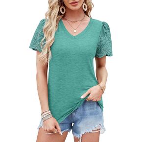 XIEERDUO Lace Puff Sleeve Tops for Women 2024 V Neck Shirts Womens Shirts Dressy Casual Loose Tops Summer Tee Shirt