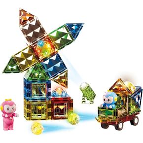Premium Diamond Magnetic Tiles 3D Clear Building Blocks Set with Light, Marble, Car Set, STEM Sensory Educational Toys Gift for 3 4 5 6 7 8 9+ Toddlers Kids (147 pcs Big Castle with 2 Cars)