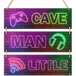 Little Man Cave, 3" x 10" Construction Room Wooden Door Sign for Bedroom Nursery Playroom Decor, Teen Boy Gifts for Game Lover, Gaming Wall Art - A05