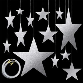 Boao Silver Hanging Stars Cutouts Silver Glitter Star Cardboard with Nylon String for Silver Party Decorations, 4 Sizes (6cm/12cm/20cm/30cm)(24 Pieces)