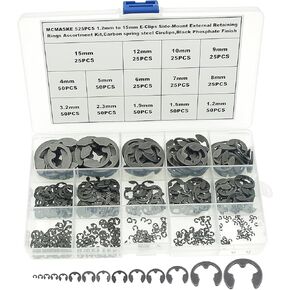 MCMASKE 525PCS 14 Kinds Metric E-Clips Side-Mount External Retaining Rings Assortment Kit,1.2mm to 15mm Nominal Diameter,Black Phosphate Finish in Kuwait