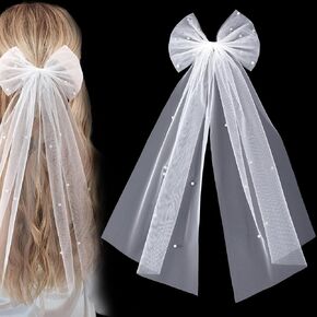 CustomyLife White Bow Veil Bridal Bowknot Clip Tulle Pearl Bachelorette Hair Piece Wedding Party Decorations Accessories for Women Girls Bride