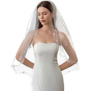 chrumeshi Bridal wedding veil beaded piece one layer fingertip length