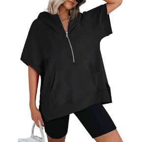 AUTOMET Womens Oversized Short Sleeve Half Zip Hoodies 2024 Fashion Summer Sweatshirts with Pockets