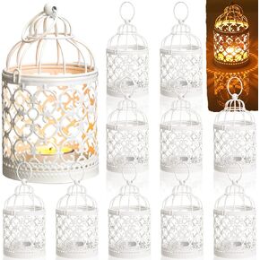12 Pack Small Metal Tealight Hanging Birdcage Lantern Vintage Decorative Centerpieces Table Top Candle Holder Candle Lantern for Wedding Gifts Home Dinner Party Christmas (White)