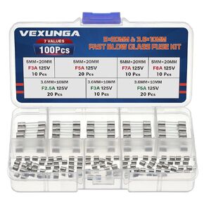 VEXUNGA 7 Values 100 Pcs Christmas Light Fuses Kit 3A 5A 7A 8A 125V 5x20mm Max Fuse 2.5 3 5 Amp 125 Volt 3.6x10mm Mini Glass Round Tube Fusibles Replacement Fan C7 C9 Bulb String