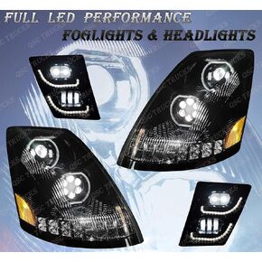 QSC Truck Parts Full LED Performance Black Headlights w/Sequential Turn Signals + LED Fog Light LH RH Set Compatible with Volvo VNL 04-17