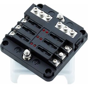 6-Way Fuse Block ATC/ATO Fuse Box With Ground, LED Light Indicator & Protective Cover For Vehicles, Cars, Automotive, Boats, Marine
