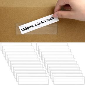 100 Pieces Label Holders Adhesive Shelf Tag with Blank Index Card, Pockets Clear Shelf Tag Adhesive Label Pockets for Bookshelf Mailbox Shelves Storage Bins