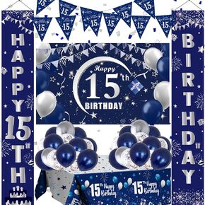 15th Birthday Decorations for Boys and Girls Blue, Happy 15th Birthday Door Backdrop Banner Balloons 15 Years Old Birthday Porch Sign Party Supplies with Latex Balloons Decor 15th Bday Boy Her Him
