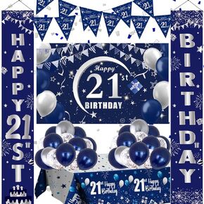 21st Birthday Decorations for Men and Women Blue, Happy 21st Birthday Door Backdrop Banner Balloons 21 Years Old Birthday Porch Sign Party Supplies with Latex Balloons Decor 21st Bday Boy Her Him