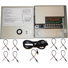 Evertech 8 Channel Port 12V DC 5 Amp Amper with PTC Fuse Distributed Power Supply Box for CCTV DVR Security System and Camera or Cameras with 9 Pcs. Male Power Jack