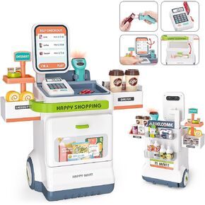 Fegalop 47 PCS Cash Supermarket Playset Shopping Mobile Cart for Kids Grocery Store Pretend Play Money, Scanner, Credit Card, Conveyors,Calculator and Play Food for Toddlers, Boys, and Girls