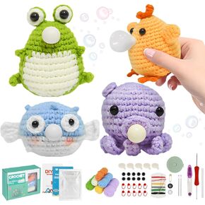 4Pcs Crochet Kit Complete Animal Crochet for Beginners Knitting Kit DIY Crochet Craft Kit Adorable Doll Chick Frog Octopus Starter Pack DIY Crochet Craft Kit with Step-by-Step Tutorials for Adults