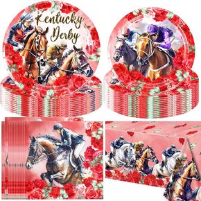 Kentucky Derby Paper Plates Dessert Dinnerware Set for Derby Day Party Plates Napkins Tablecloth Racing Horse Party Supplies