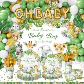 244PCS Jungle Safari Baby Shower Decorations include Plates, Cups, Napkins, Cutlery, Backdrop, Tablecloth, Palm Leaves, Balloon Garland Kit for Animal Themed Baby Boy Shower Decorations, Serves 24