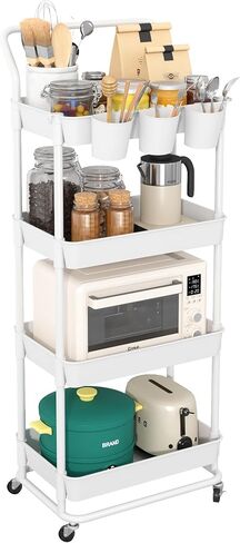 Buzowruil 4-Tier Rolling Utility Cart, Storage Cart with Handle Multi-Purpose and Locking Wheels,with Hanging Basket and Hook for Office, Kitchen, Bathroom,White in Saudi Arabia