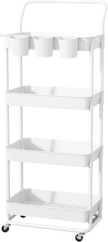 Buzowruil 4-Tier Rolling Utility Cart, Storage Cart with Handle Multi-Purpose and Locking Wheels,with Hanging Basket and Hook for Office, Kitchen, Bathroom,White in Saudi Arabia