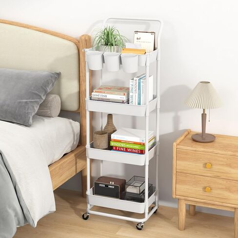 Buzowruil 4-Tier Rolling Utility Cart, Storage Cart with Handle Multi-Purpose and Locking Wheels,with Hanging Basket and Hook for Office, Kitchen, Bathroom,White in Saudi Arabia