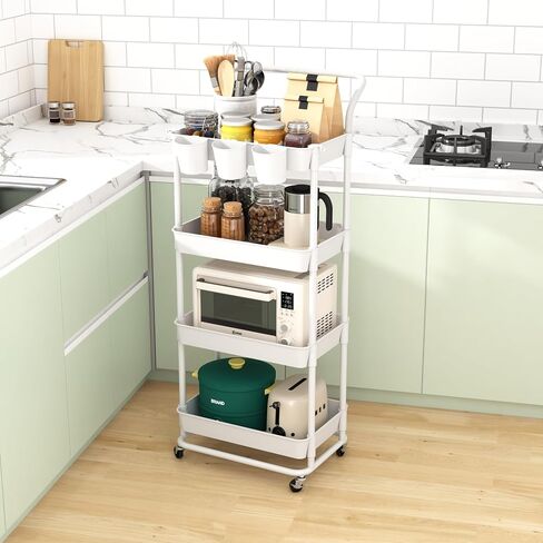 Buzowruil 4-Tier Rolling Utility Cart, Storage Cart with Handle Multi-Purpose and Locking Wheels,with Hanging Basket and Hook for Office, Kitchen, Bathroom,White in Saudi Arabia