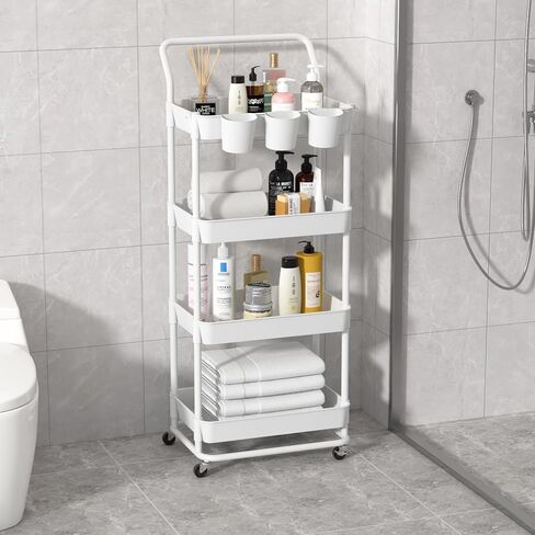 Buzowruil 4-Tier Rolling Utility Cart, Storage Cart with Handle Multi-Purpose and Locking Wheels,with Hanging Basket and Hook for Office, Kitchen, Bathroom,White in Saudi Arabia