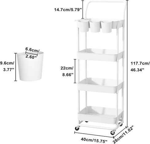 Buzowruil 4-Tier Rolling Utility Cart, Storage Cart with Handle Multi-Purpose and Locking Wheels,with Hanging Basket and Hook for Office, Kitchen, Bathroom,White in Saudi Arabia