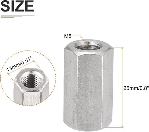 DTGN M8x1.25mmx25mm(DxPxH) Hex Coupling Nuts - 2Pack - Good for Home Garage Repairs - 304 Stainless Steel Polishing Rod Coupling Nuts - Silver Tone in Saudi Arabia