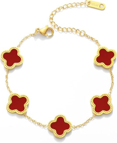 WSupikio Link Bracelets for Women Girls Trendy Bracelet Cute Plated 18K Gold Lucky Adjustable Clover Link Bracelets Mother's Day Christmas Gift Jewelry (Red) in Saudi Arabia