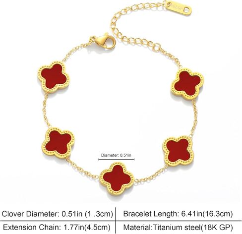WSupikio Link Bracelets for Women Girls Trendy Bracelet Cute Plated 18K Gold Lucky Adjustable Clover Link Bracelets Mother's Day Christmas Gift Jewelry (Red) in Saudi Arabia