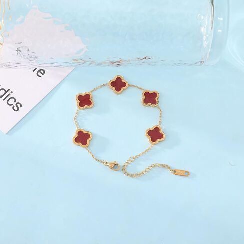 WSupikio Link Bracelets for Women Girls Trendy Bracelet Cute Plated 18K Gold Lucky Adjustable Clover Link Bracelets Mother's Day Christmas Gift Jewelry (Red) in Saudi Arabia