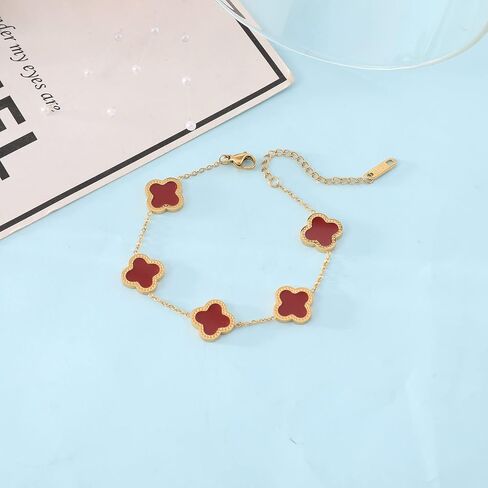 WSupikio Link Bracelets for Women Girls Trendy Bracelet Cute Plated 18K Gold Lucky Adjustable Clover Link Bracelets Mother's Day Christmas Gift Jewelry (Red) in Saudi Arabia