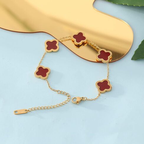 WSupikio Link Bracelets for Women Girls Trendy Bracelet Cute Plated 18K Gold Lucky Adjustable Clover Link Bracelets Mother's Day Christmas Gift Jewelry (Red) in Saudi Arabia
