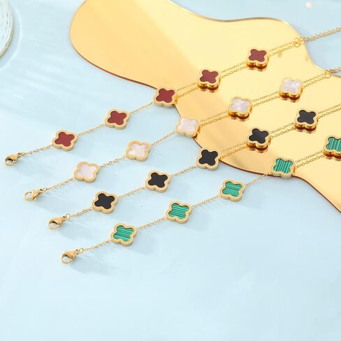 WSupikio Link Bracelets for Women Girls Trendy Bracelet Cute Plated 18K Gold Lucky Adjustable Clover Link Bracelets Mother's Day Christmas Gift Jewelry (Red) in Saudi Arabia