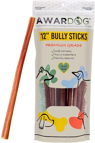 Odor-Free Bully Sticks (12 Inch, 18 Pack Standard Thickness), Fully Digestible 100% Beef Pizzle Chews, Grass-Fed, Grain-Free, Natural Long-Lasting Chews for Small & Large Dogs - 18count in Saudi Arabia