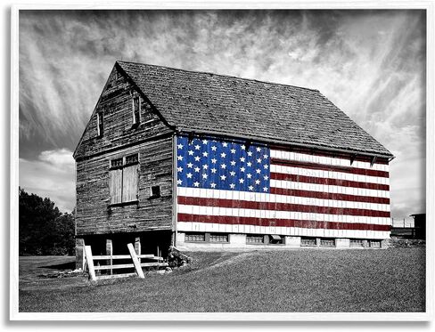 Stupell Industries sca-148-Wall-Art أبيض وأسود Farmhouse Barn العلم الأمريكي، لوحة فنية جدارية، 24 × 30، قماش مغلف في المعرض in Kuwait