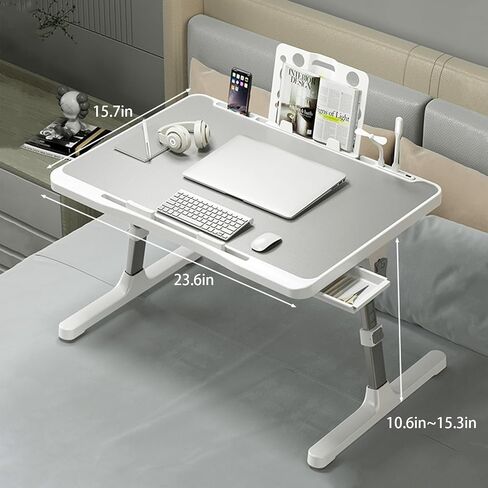Laptop Desk for Bed, Adjustable Bed Table with USB Charge Port, Foldable Laptop Table with Storage Drawer, Portable Laptop Bed Desk Tray for Eating Working Writing Reading (Silver) in Saudi Arabia