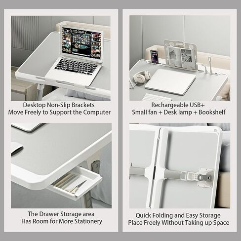 Laptop Desk for Bed, Adjustable Bed Table with USB Charge Port, Foldable Laptop Table with Storage Drawer, Portable Laptop Bed Desk Tray for Eating Working Writing Reading (Silver) in Saudi Arabia