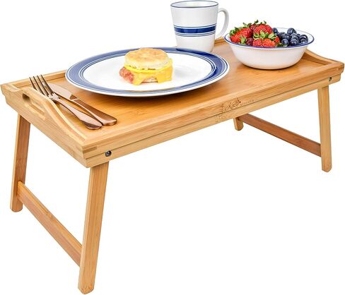 KOZY KITCHEN Foldable Breakfast Tray| Large Organic Bamboo Folding Serving Tray, Laptop Desk, Bed Table, Lap Desk| 100% Natural and Eco-Friendly Tray with Handles and Legs in Saudi Arabia