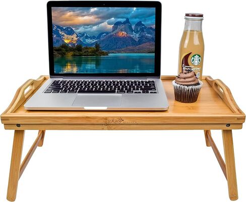 KOZY KITCHEN Foldable Breakfast Tray| Large Organic Bamboo Folding Serving Tray, Laptop Desk, Bed Table, Lap Desk| 100% Natural and Eco-Friendly Tray with Handles and Legs in Saudi Arabia