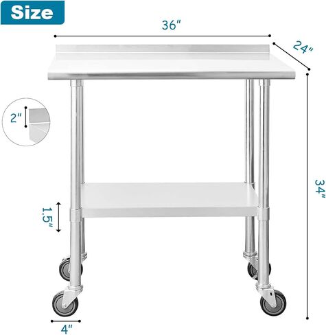 طاولة إعداد من الفولاذ المقاوم للصدأ مقاس 24 × 36 NSF من Wrilibo مع عجلات لطاولة إعداد المطبخ مع رف سفلي قابل للتعديل للمطاعم والمنزل والمرآب والخارج والفندق in Kuwait
