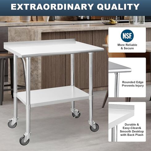 طاولة إعداد من الفولاذ المقاوم للصدأ مقاس 24 × 36 NSF من Wrilibo مع عجلات لطاولة إعداد المطبخ مع رف سفلي قابل للتعديل للمطاعم والمنزل والمرآب والخارج والفندق in Kuwait