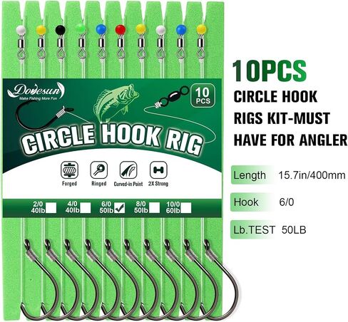 Dovesun 10PCS Pre-Rigged Catfish Rig Circle/Octopus Hooks Rigs for Catfish Offset Circle Fishing Hooks for Saltwater Freshwater 2/0 3/0 4/0 5/0 6/0 7/0 8/0 10/0 in Kuwait