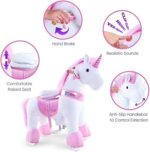 PonyCycle نموذج كلاسيكي أصلي U، لعبة الركوب على حصان وحيد القرن الهزاز للأطفال (مع فرامل / ارتفاع 91.44 سم / مقاس 4 للأعمار من 4 إلى 8 سنوات) ركوب الخيل الميكانيكي من القطيفة على ركوب الخيل ألعاب المهر باللون الأبيض Ux404 in Kuwait
