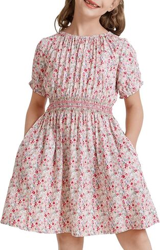 tiny sugar Girls Floral Smocked Waist Dress Church Holiday Playwear Soft Midi Dress with Pockets in Kuwait
