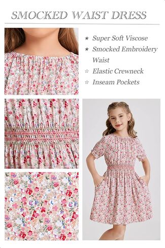 tiny sugar Girls Floral Smocked Waist Dress Church Holiday Playwear Soft Midi Dress with Pockets in Kuwait