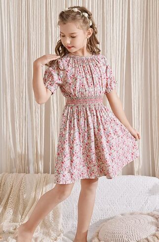 tiny sugar Girls Floral Smocked Waist Dress Church Holiday Playwear Soft Midi Dress with Pockets in Kuwait